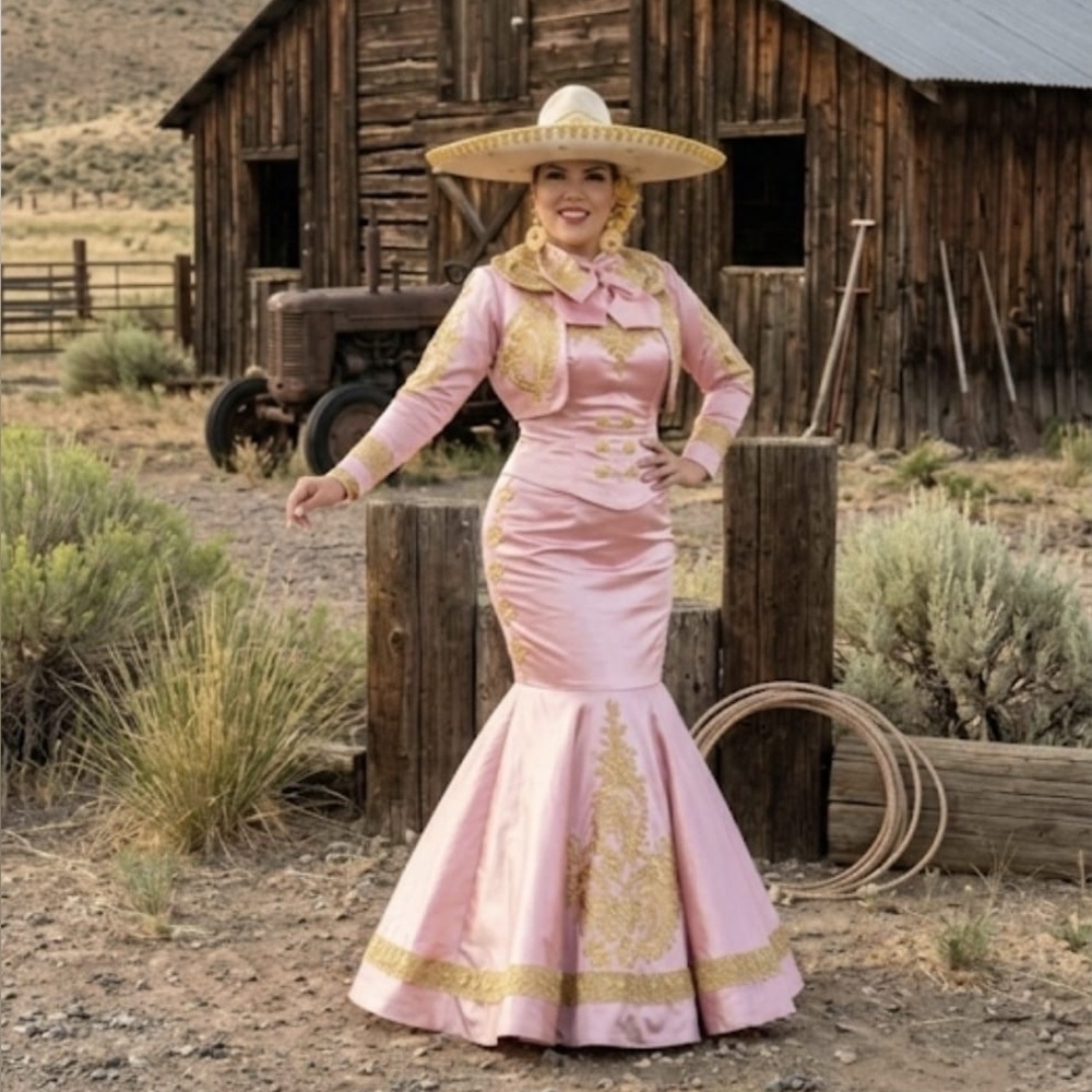 Elegant Pink and Gold Charro Dress